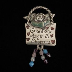 AJMC Vintage Brooch Pin Guardian Angel of Shoppers Bag with Hearts and Beads
